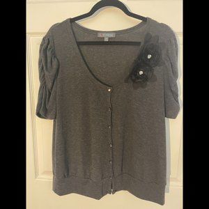Gray Short Sleeve Cardigan with Flower Detail 2x